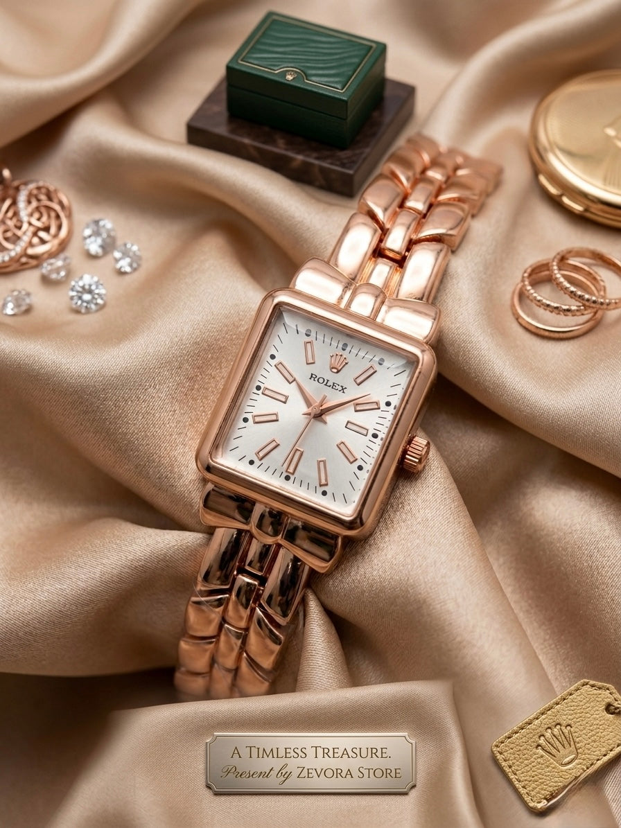 Rolex Women’s Rose Gold Rectangular Dress Watch | Vintage Style Sunburst Dial Timepiece by The Zevora Store