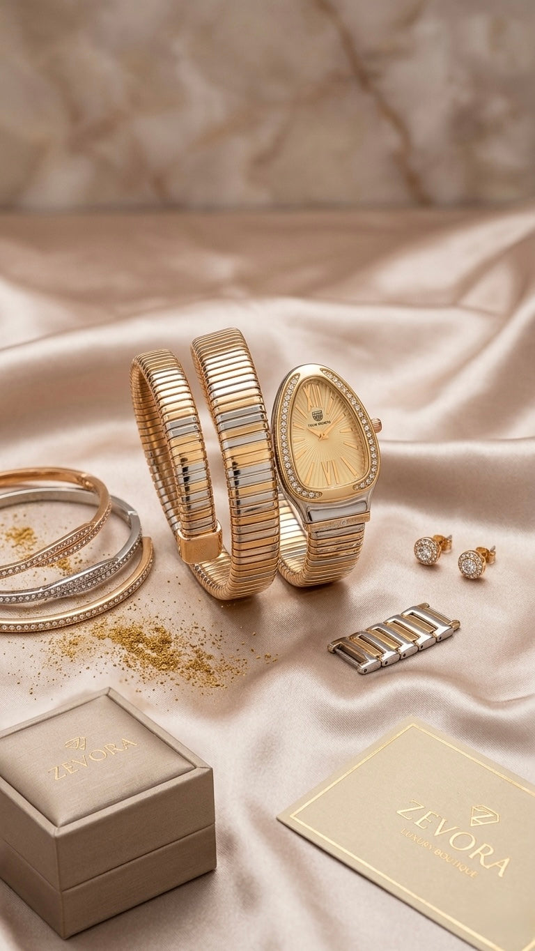 Zevora Aura Serpentine Coiled Watch – Luxury Two-Tone Gold & Silver Bracelet Watch for Women