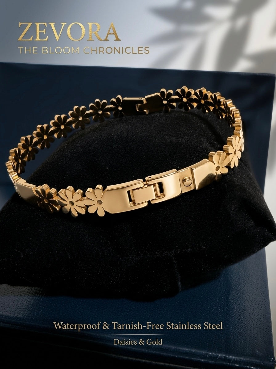 Daisies & Blooms Gold Floral Bangle | Waterproof Stainless Steel Bracelet