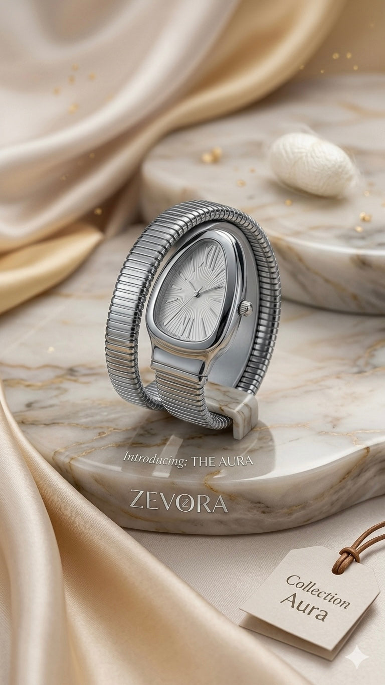 Zevora Aura Serpentine Silver Watch – Luxury Stainless Steel Coiled Bracelet Watch for Women