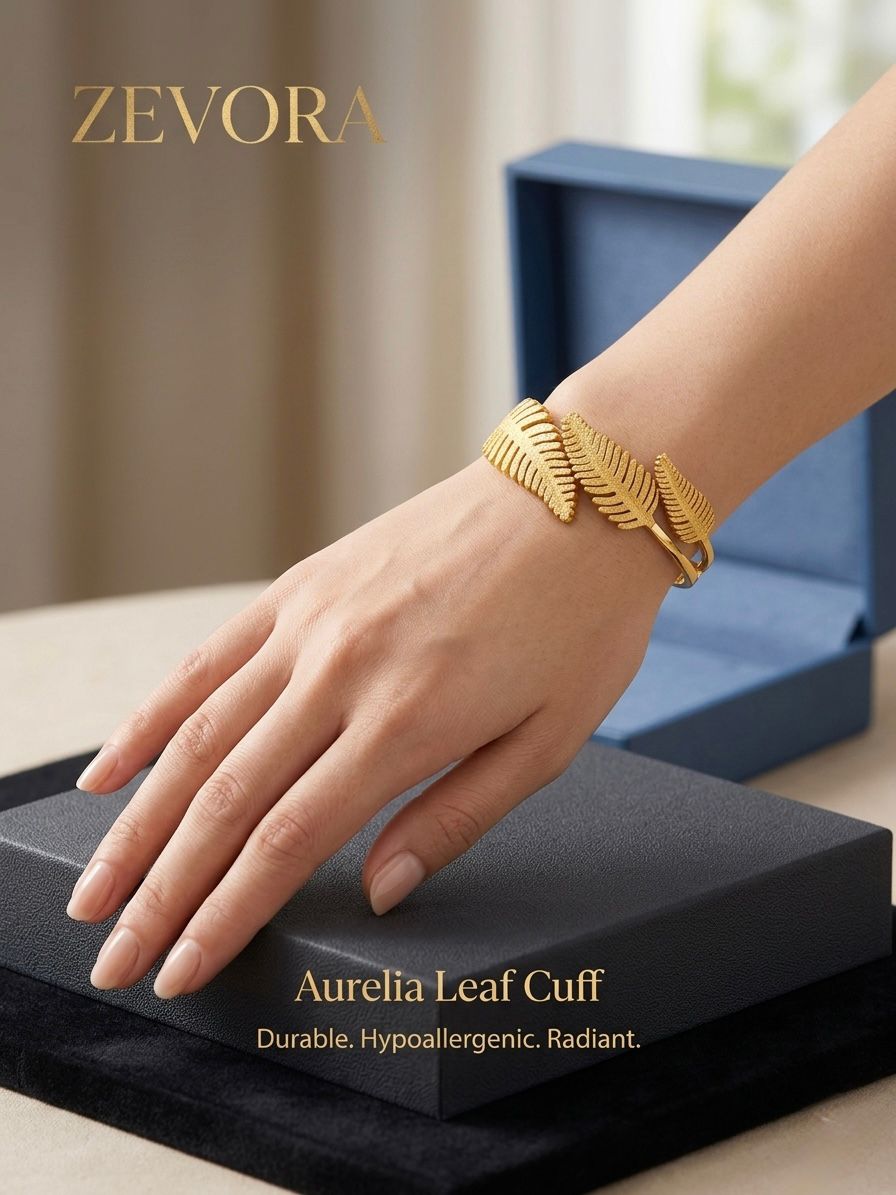Aurelia Gold Leaf Cuff | Textured Stainless Steel Feather Bangle