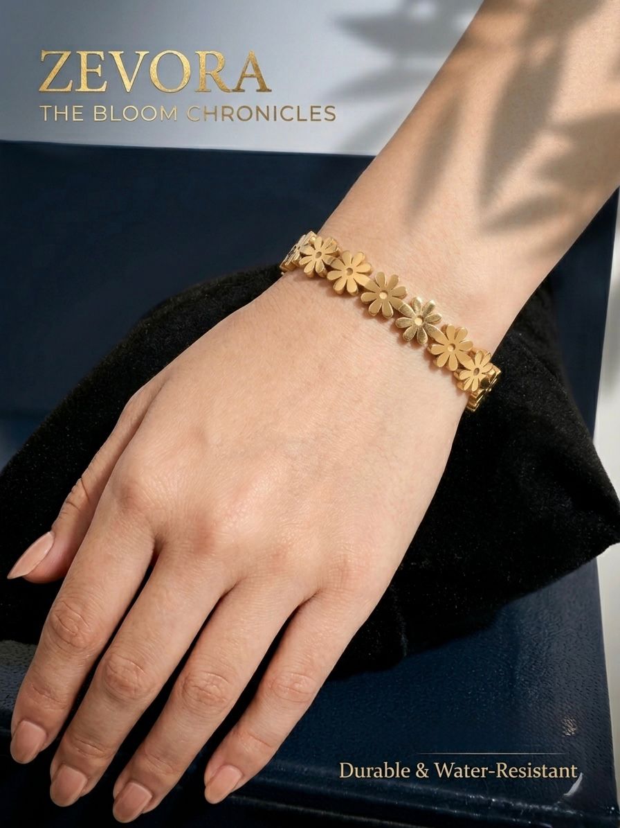Daisies & Blooms Gold Floral Bangle | Waterproof Stainless Steel Bracelet
