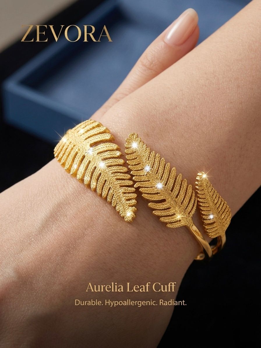 Aurelia Gold Leaf Cuff | Textured Stainless Steel Feather Bangle